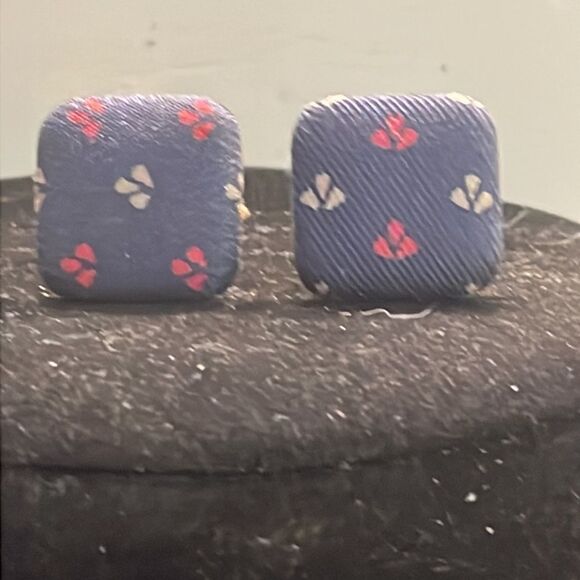 1” gold tone cuff links w/blue Damask fabric red white Fleur de Lis bullet back - Picture 2 of 11